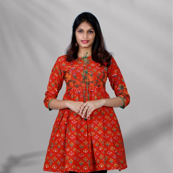 Orange Floral Printed Short Kurti – Chic & Breezy Everyday Style