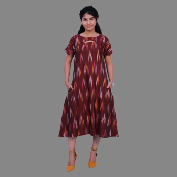 Women's Maroon Ikkat A-Line Kurta with Pockets – Stylish Comfort in Every Step