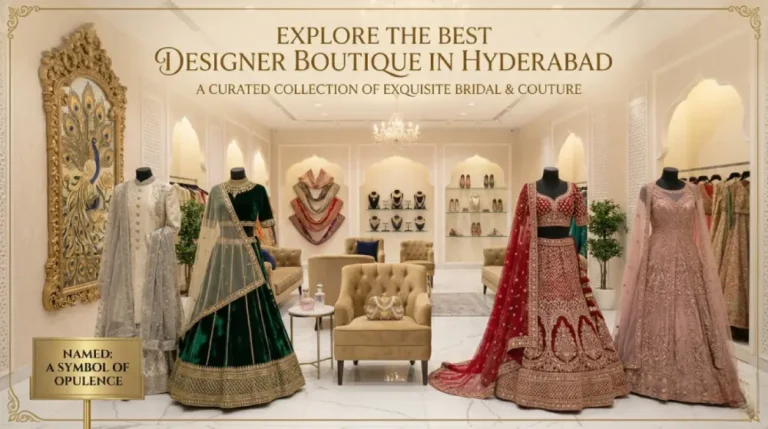 Designer boutiques in Hyderabad showcasing bridal wear, designer blouses, sarees, and custom stitching with maggam work
