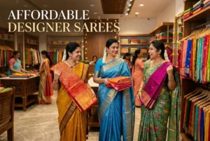 Affordable designer sarees boutique in Hyderabad showcasing elegant sarees and custom blouse stitching designs.