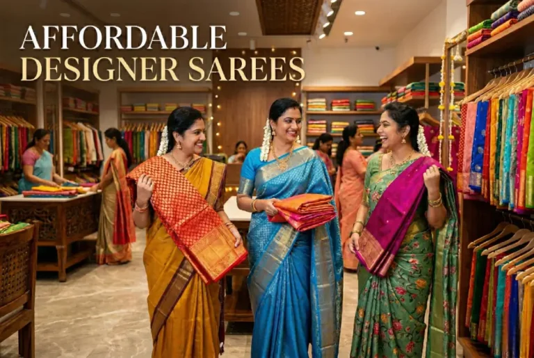 Affordable designer sarees boutique in Hyderabad showcasing elegant sarees and custom blouse stitching designs.