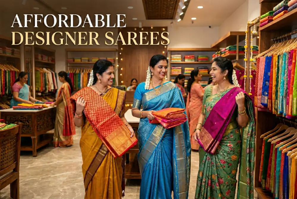 Affordable designer sarees boutique in Hyderabad showcasing elegant sarees and custom blouse stitching designs.