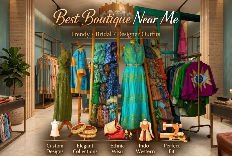 Beautiful model wearing designer bridal lehenga inside Ramadevi Fashion Boutique showcasing custom boutique outfits, ethnic wear, and elegant fashion collections.