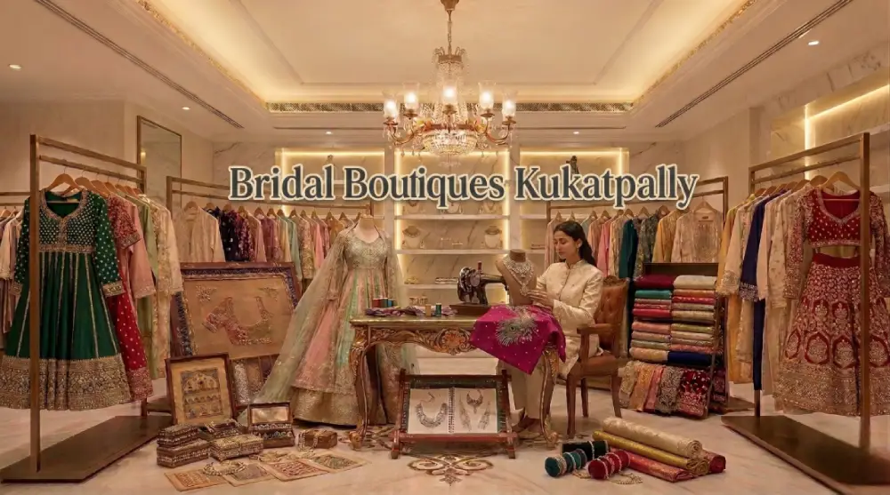 Bridal boutique in Kukatpally Hyderabad showcasing designer blouse stitching and maggam work for wedding outfits.