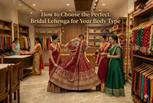 Bride wearing a designer bridal lehenga showcasing different styles suited for various body types.