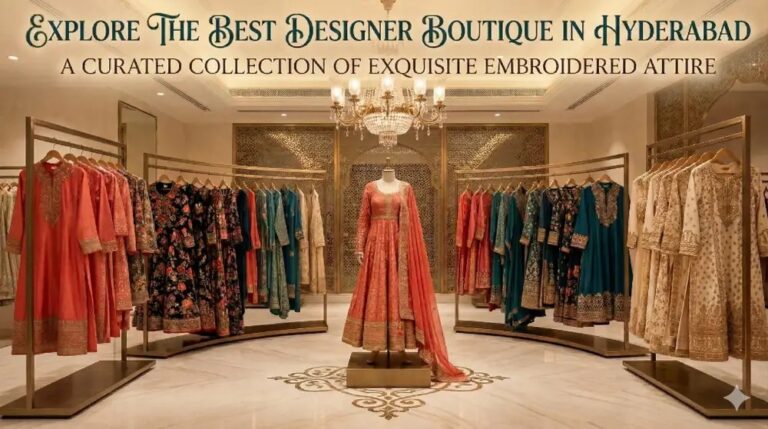 Luxury designer boutique interior in Hyderabad showcasing elegant embroidered bridal and ethnic outfits on display.