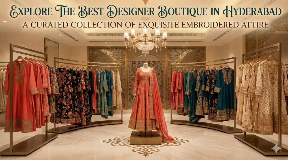 Luxury designer boutique interior in Hyderabad showcasing elegant embroidered bridal and ethnic outfits on display.